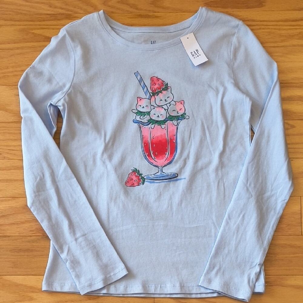 GAP Kids Blue Long Sleeve Tee w/ Strawberry Cat Design Size 14/16